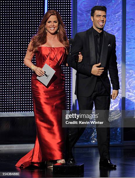 Actors Maria Celeste and Jencarlos Canela appear onstage at the Billboard Mexican Music Awards presented by State Farm on October 18, 2012 in Los...