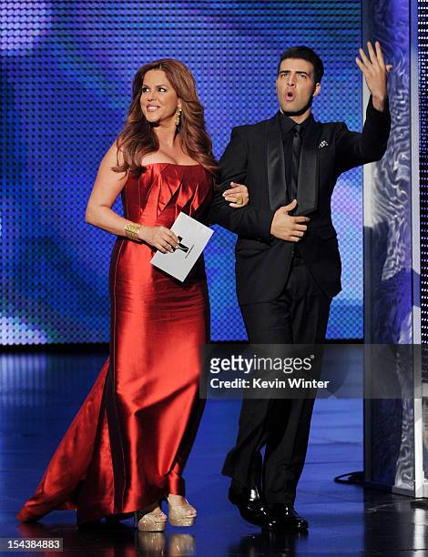Actors Maria Celeste and Jencarlos Canela appear onstage at the Billboard Mexican Music Awards presented by State Farm on October 18, 2012 in Los...