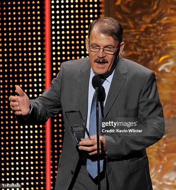 Singer Rene Camacho receives the Artista Del Ano Airplay award at the Billboard Mexican Music Awards presented by State Farm on October 18, 2012 in...