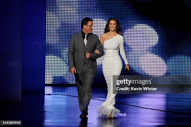 Hosts Daniel Sarcos and Marlene Favela appear onstage at the Billboard Mexican Music Awards presented by State Farm on October 18, 2012 in Los...