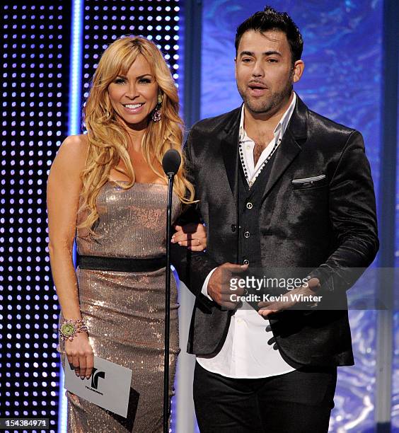 Actress Aylin Mujica and baseball player Rogelio Martinez appear onstage at the Billboard Mexican Music Awards presented by State Farm on October 18,...
