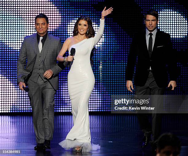 Hosts Daniel Sarcos, Marlene Favela and Rafael Amana appear onstage at the Billboard Mexican Music Awards presented by State Farm on October 18, 2012...