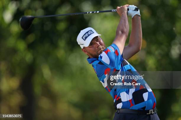 Daniel Brown of England plays his shot from the eighth tee during the second round of the Barbasol Championship at Keene Trace Golf Club on July 14,...