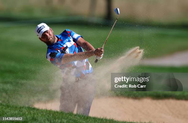 Daniel Brown of England plays a shot from a bunker on the eighth hole during the second round of the Barbasol Championship at Keene Trace Golf Club...