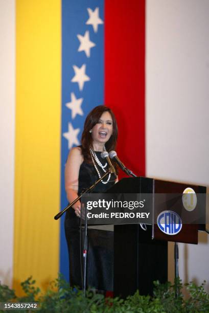 La primera dama y senadora de Argentina Cristina Fernandez de Kirchner pronuncia un discurso para la comunidad judia de Venezuela en el club Hebraica...