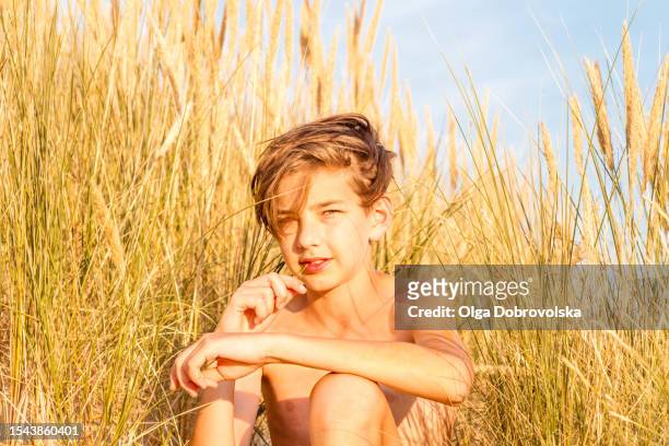 portrait of a boy sitting on a sand dune on a sunny day - summer stock pictures, royalty-free photos & images