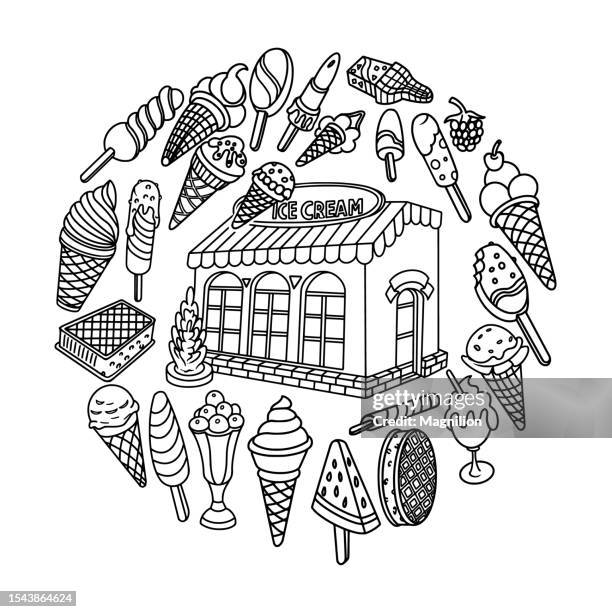 ice cream doodle set, circle composition - chocolate raspberry cake stock illustrations