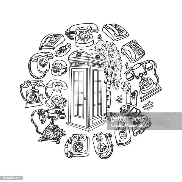 telephony, phone booth and telephones, circle composition doodles - british royalty vector stock illustrations