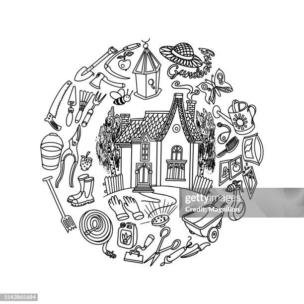 home and gardening doodle, circle composition - lawn care stock illustrations