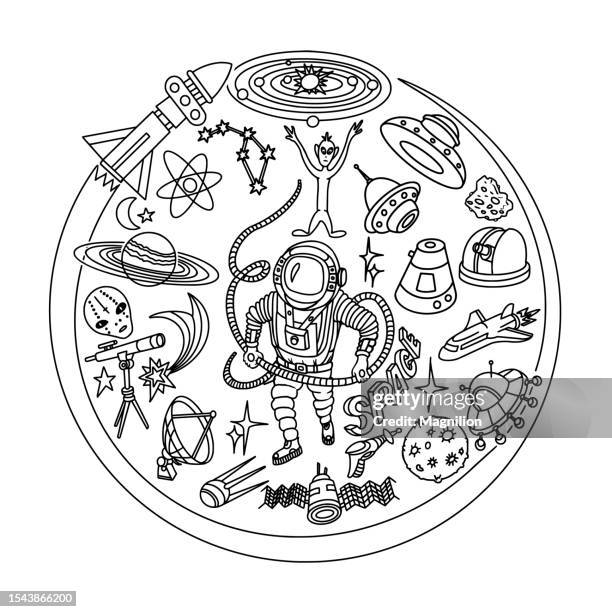 outer space doodle set, circle composition - cosmonaut stock illustrations