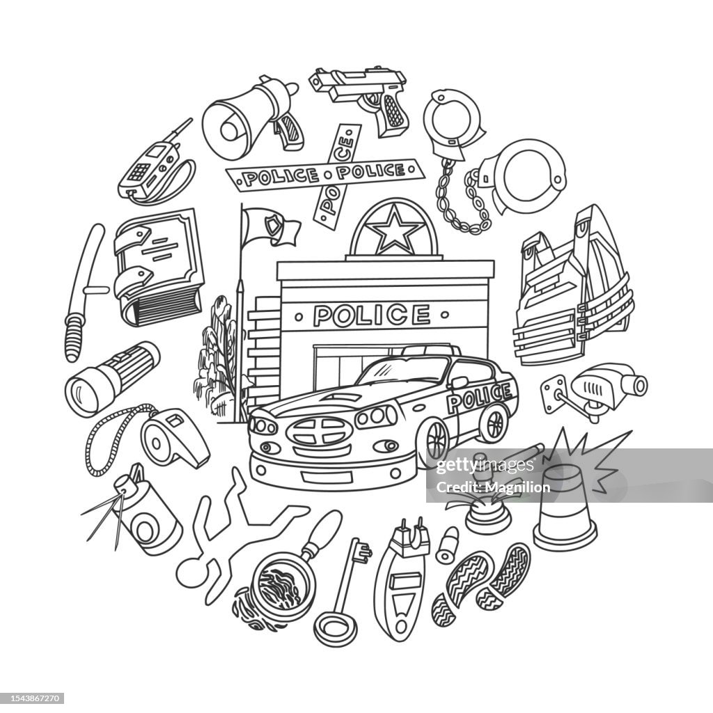 Police Doodles Set, Circle Composition