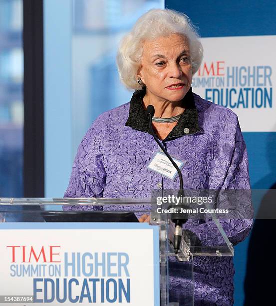 Associate Justice of the Supreme Court of the United States Sandra Day O' Conner addresses the audience during the TIME Summit On Higher Education on...