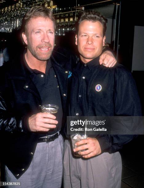 Actor Chuck Norris and son Eric Norris attend the Opening Night Performance of The Moscow Circus on March 14, 1990 at the Great Western Forum in...