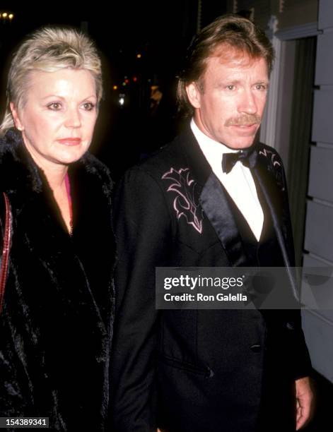 Actor Chuck Norris and wife Diane Holechek attend the "Runaway Train" Beverly Hills Premiere Party on December 5, 1985 at Beverly Hills Hotel in...