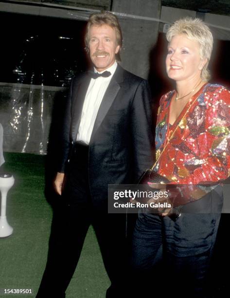 Actor Chuck Norris and wife Diane Holechek attend "The Naked Cage" Hollywood Premiere on February 22, 1986 at Cannon Films Headquarters in Hollywood,...