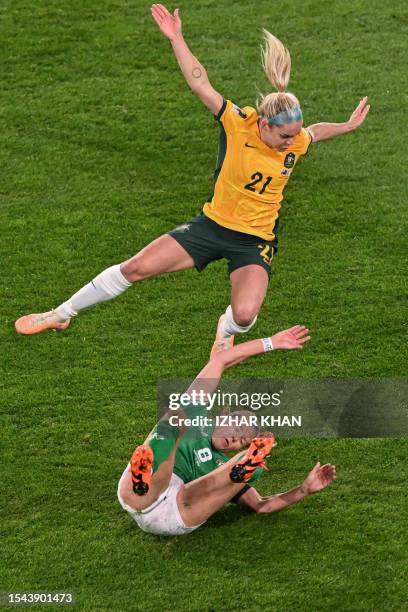 Australia's defender Ellie Carpenter and Ireland's midfielder Ruesha Littlejohn collide during the Australia and New Zealand 2023 Women's World Cup...