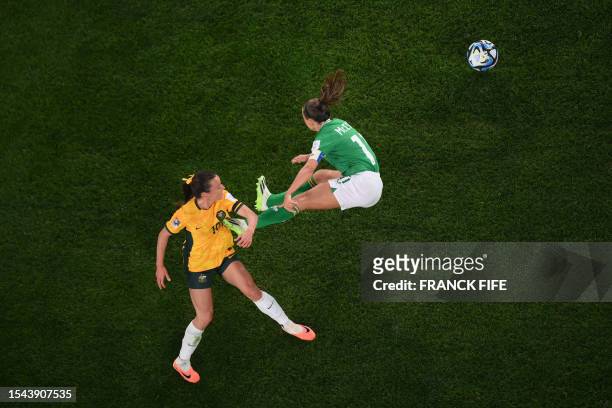 Australia's forward Hayley Raso fights for the ball with Ireland's midfielder Katie McCabe during the Australia and New Zealand 2023 Women's World...