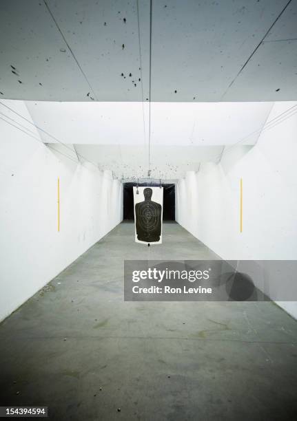 gun range target hanging after use - tiro a segno foto e immagini stock