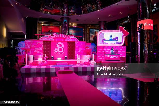 General view of the Barbie stage and DJ set ahead of the "Barbie" movie premiere in Bangkok, Thailand on July 19, 2023. People attend the pink carpet...