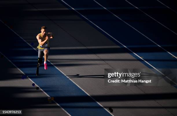 Markus Rehm of Germany competes in the Men's Long Jump T64 Final during day seven of the Para Athletics World Championships Paris 2023 at Stade...