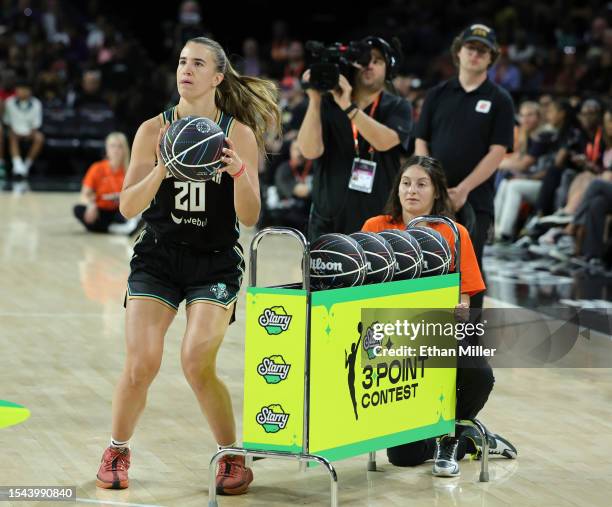 Sabrina Ionescu of the New York Liberty competes in the final round of the WNBA 3-Point Contest during WNBA All-Star Friday ahead of the 2023 WNBA...