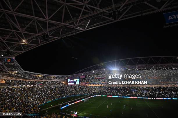 General view showing the pitch and the stands during the halftime of the Australia and New Zealand 2023 Women's World Cup Group B football match...