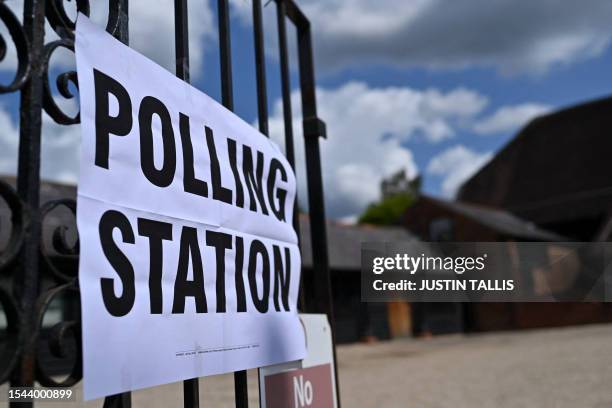 Polling Station" sign is seen attached to a gate at The Great Barn in Ruislip, being as a polling station during a by-election in the north-west...