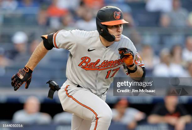 Colton Cowser of the Baltimore Orioles in action against the New York Yankees at Yankee Stadium on July 6, 2023 in Bronx borough of New York City....