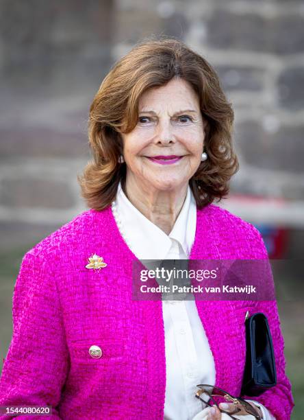Queen Silvia of Sweden attends the birthday celebration of the Crown Princess at Solliden Castle on July 14, 2023 in Borgholm, Sweden.