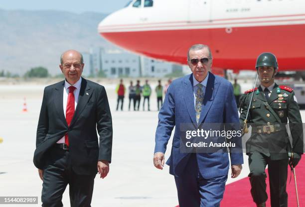 Turkish President Recep Tayyip Erdogan is received by Turkish Cypriot President Ersin Tatar to attend opening ceremony of the New Ercan Airport in...