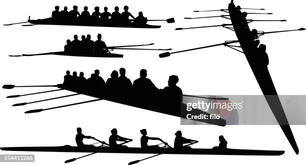 illustrazioni stock, clip art, cartoni animati e icone di tendenza di silhouette di canottaggio - rowing