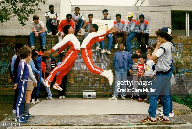 Breakdancers and b-boy dancers perform in London in 1983.