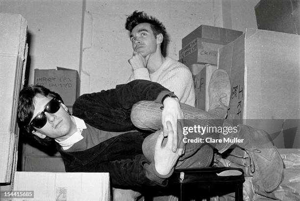 Johnny Marr and Morrissey of the group The Smiths pose together in the store room of Rough Trade records in London in 1983.