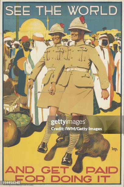 See The World, Two British infantrymen walk through a crowded Near Eastern bazaar, both in khaki uniform including a kilt and 'sola topee' helmet.One...