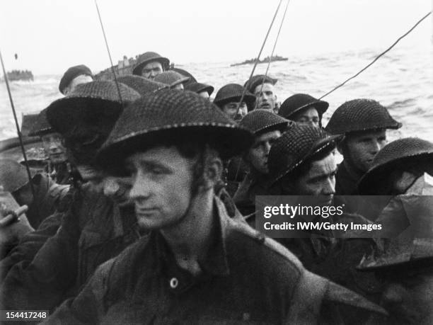 The British Army In North-West Europe 1944-45, Film still from the D-Day landings showing commandos aboard a landing craft on their approach to Sword...