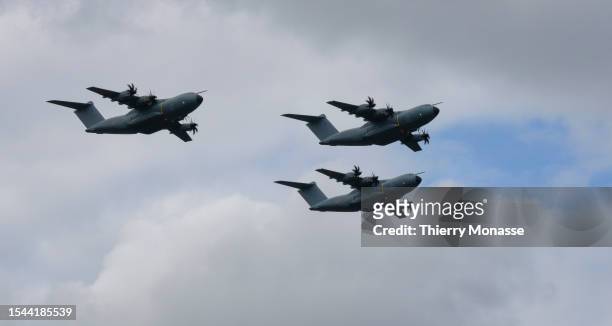 Three Airbus A400M Atlas fly for a final training flight before the July 21 parade on July 19 in Brussels, Belgium. The Belgian National Day...