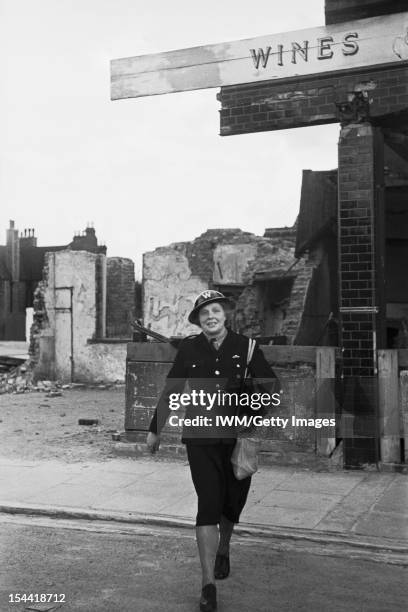 Women On The Home Front 1939 - 1945, Women in Civil Defence: Mrs Edith Digby, a 43 year old Air Raid Warden, on duty in Blitz-damaged Bermondsey,...