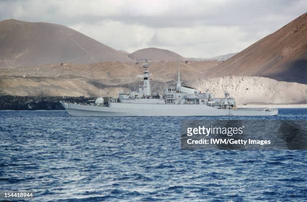 The Falklands Conflict, April - June 1982, The Type 21 frigate HMS ANTELOPE at Ascension Island ten days before she was sunk by Argentine bombs in...