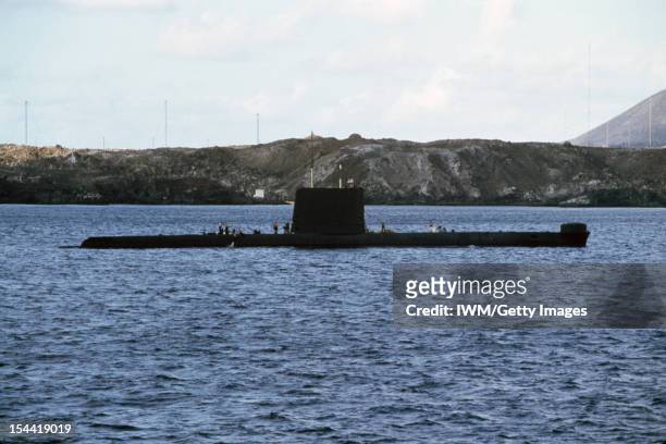 The Falklands Conflict, April - June 1982, The Oberon class submarine HMS ONYX on the surface off Ascension Island. HMS ONYX was the only diesel...