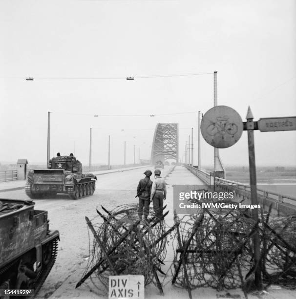 The British Army In North-West Europe 1944-45, Cromwell tanks of 2nd Welsh Guards crossing the bridge at Nijmegen, 21 September 1944.