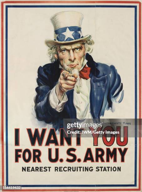 Want You For US Army, A portrayal of Uncle Sam in traditional top hat, jacket and bow tie pointing directly at the viewer, in the style of Alfred...