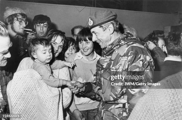The Falklands War, April - June 1982, Major General Jeremy Moore, Royal Marines, Commander of the British Forces on the Falkland Islands, meets...