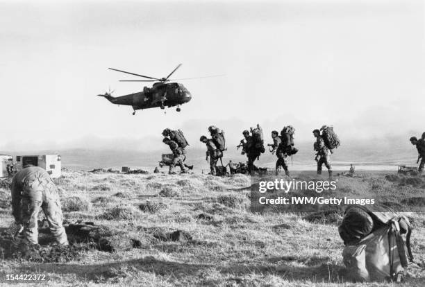 The Falklands Conflict, April - June 1982, A Royal Navy Westland Sea King HC.4 of 825 Naval Air Squadron takes off after transporting J Company, 42...