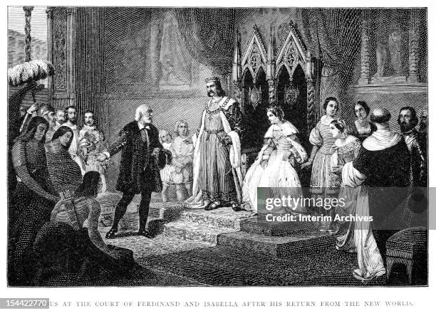 Illustration shows Italian explorer Christopher Columbus as, upon his return from the 'New World' he addresses Spanish King Ferdinand II of Aragon...