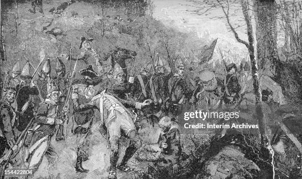 Illustration shows British troops during the American Revolutionary War as they retreat from the battlefield at Concord, Massachussetts, April 19,...