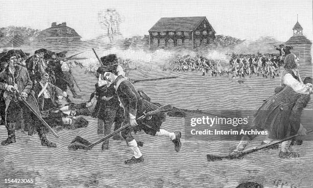 Illustration shows American militiamen as they fight British troops on Lexington Common during the Battles of Lexington and Concord in the American...