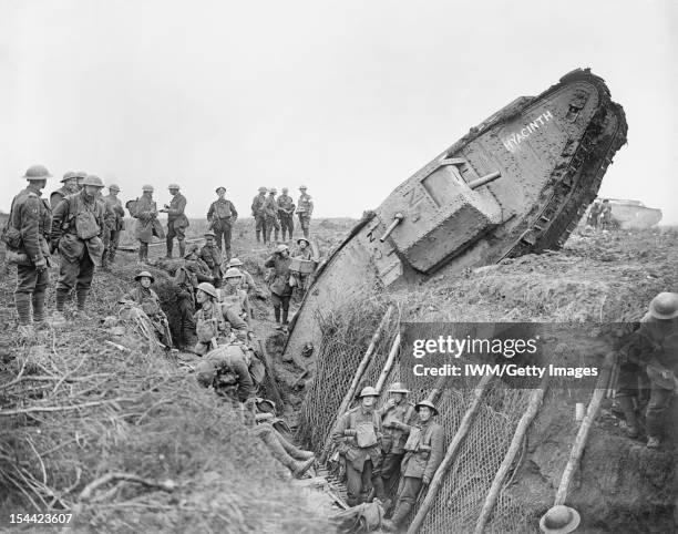 The Battle Of Cambrai 20-30 November 1917, A Mark IV tank of H Battalion ditched in a German trench while supporting the 1st Battalion,...