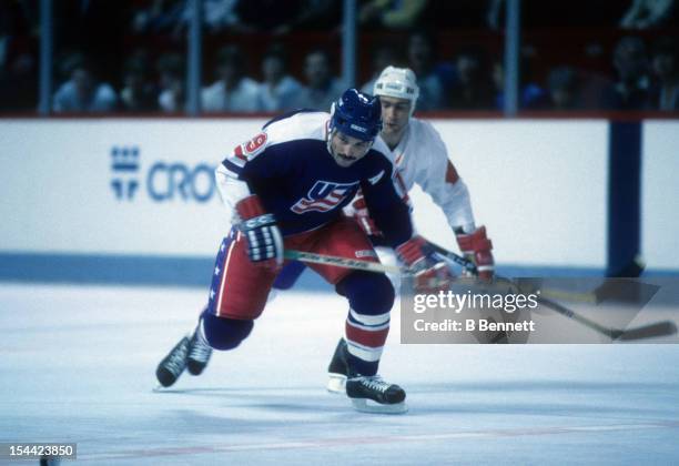 Bryan Trottier of the United States skates on the ice during a 1984 Canada Cup Round Robin game against Canada on September 3, 1984 at the Montreal...