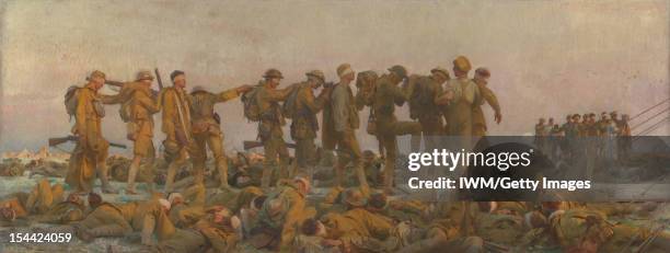 'Gassed' A painting by John Singer Sargent depicting side on view of a line of soldiers being led along a duckboard by a medical orderly. Their eyes...