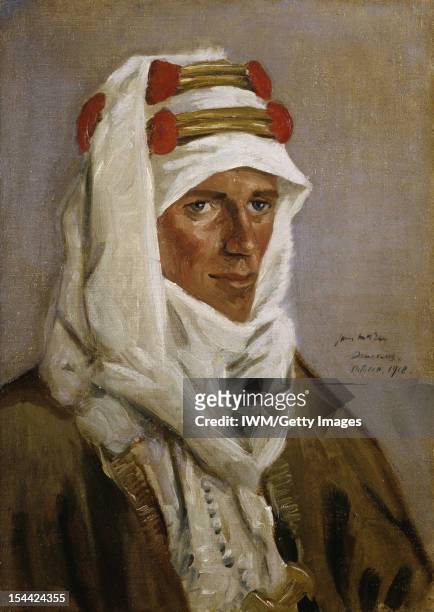 Lieutenant-Colonel T E Lawrence, CB, DSO A head and shoulders portrait of Lawrence in Arab headdress, October 1918.